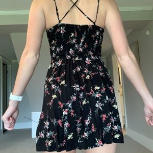 Black floral spring/summer mini dress, strappy & adjustable back